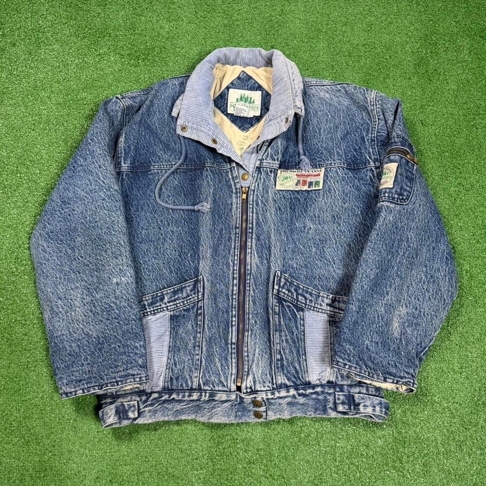 Vintage Denim Bomber Jacket Acid Wash Corduroy Collar Workwear Utility 90s